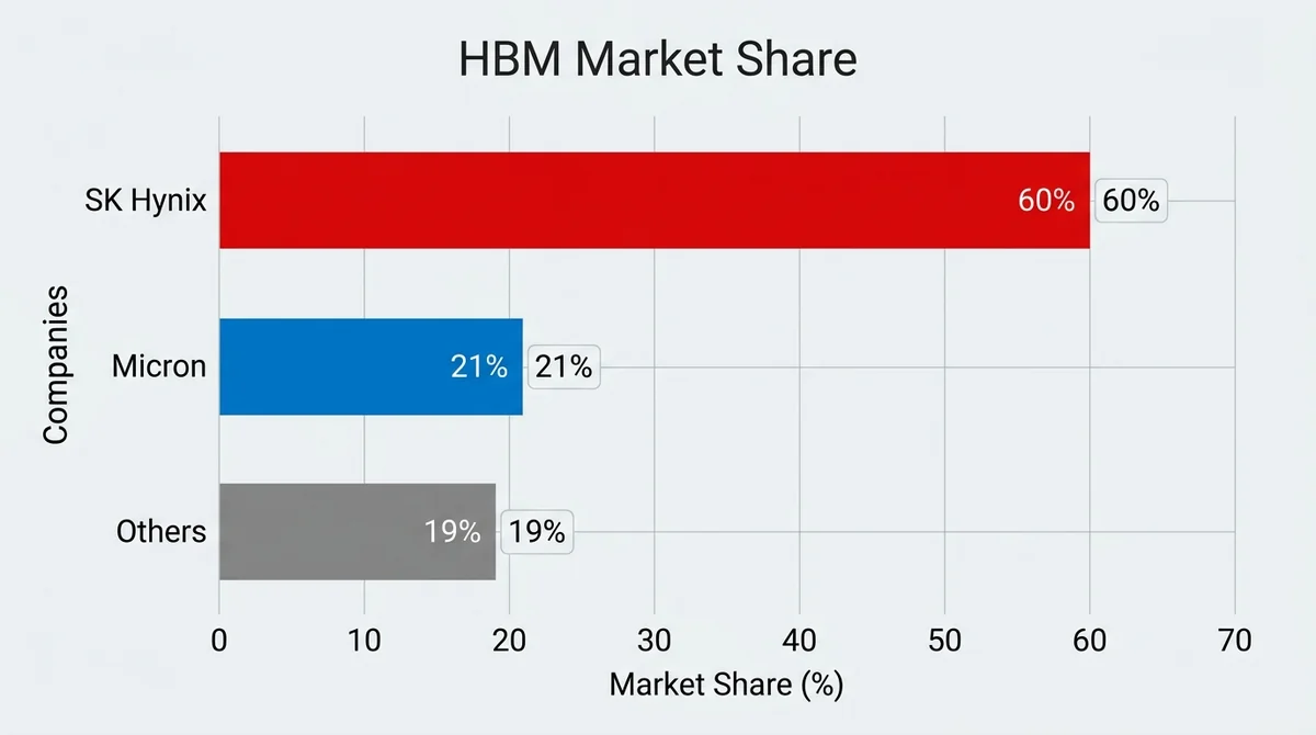 Bar chart showing HBM market share: SK Hynix 60%, Micron 21%, Others 19%. Highlight SK Hynix bar in red and Micron bar in blu