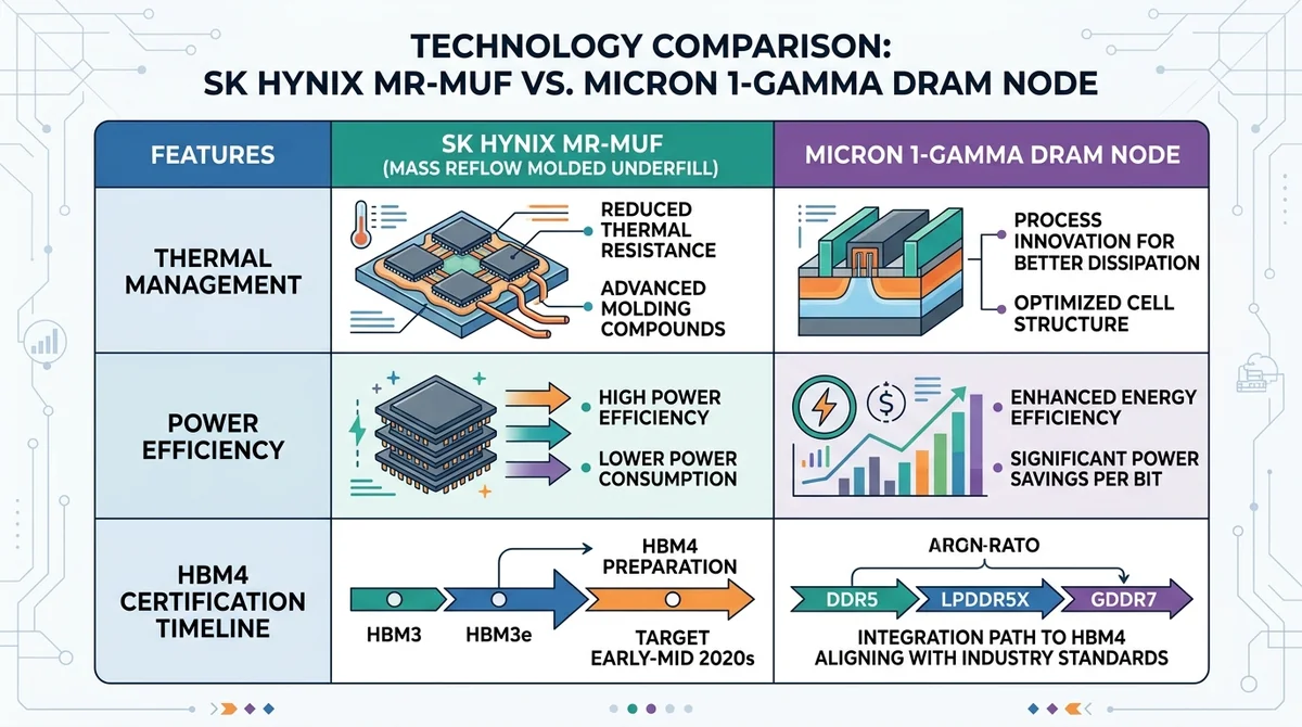 Side-by-side technology comparison table: SK Hynix MR-MUF vs Micron 1-gamma DRAM node. Include rows for thermal management, p
