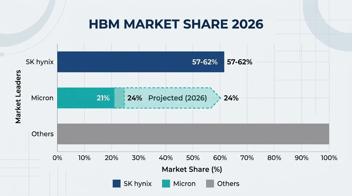 Horizontal bar chart comparing HBM market share, SK Hynix bar with 57-62% label, Micron bar with 21% label, dashed extension