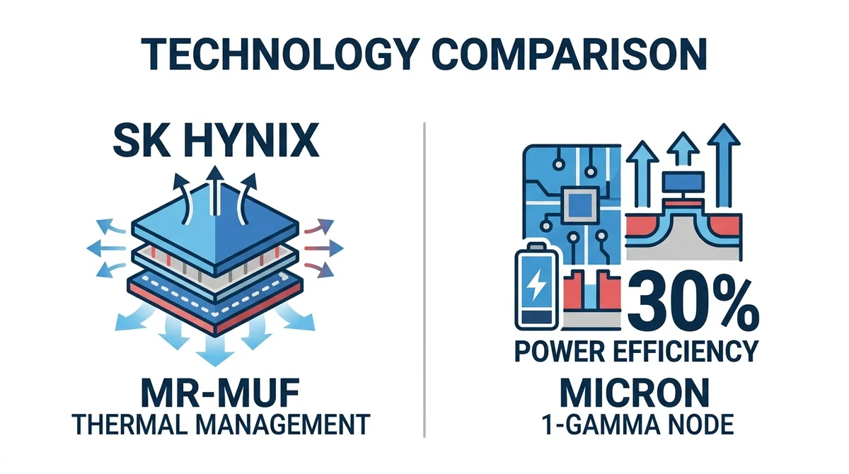 Wide 16:9 horizontal infographic, left side SK Hynix MR-MUF thermal management icon, right side Micron 1-gamma node power eff
