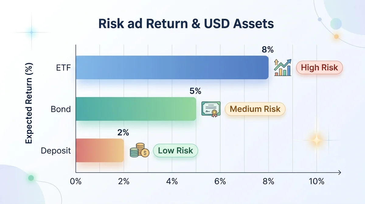 Bar chart comparing risk and return of three USD assets: deposit, bond, and ETF. X-axis: asset type, Y-axis: expected return