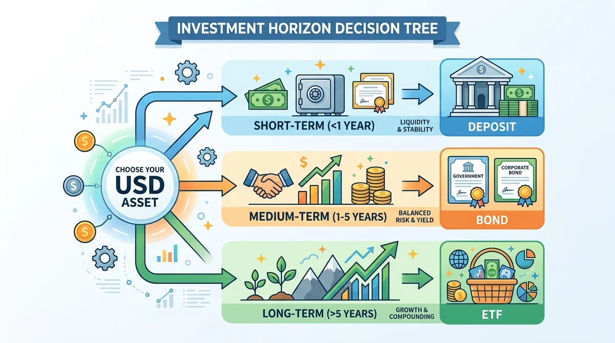 Decision tree infographic for choosing USD asset based on investment horizon. Three branches: Short-term (<1 year) -> Deposit