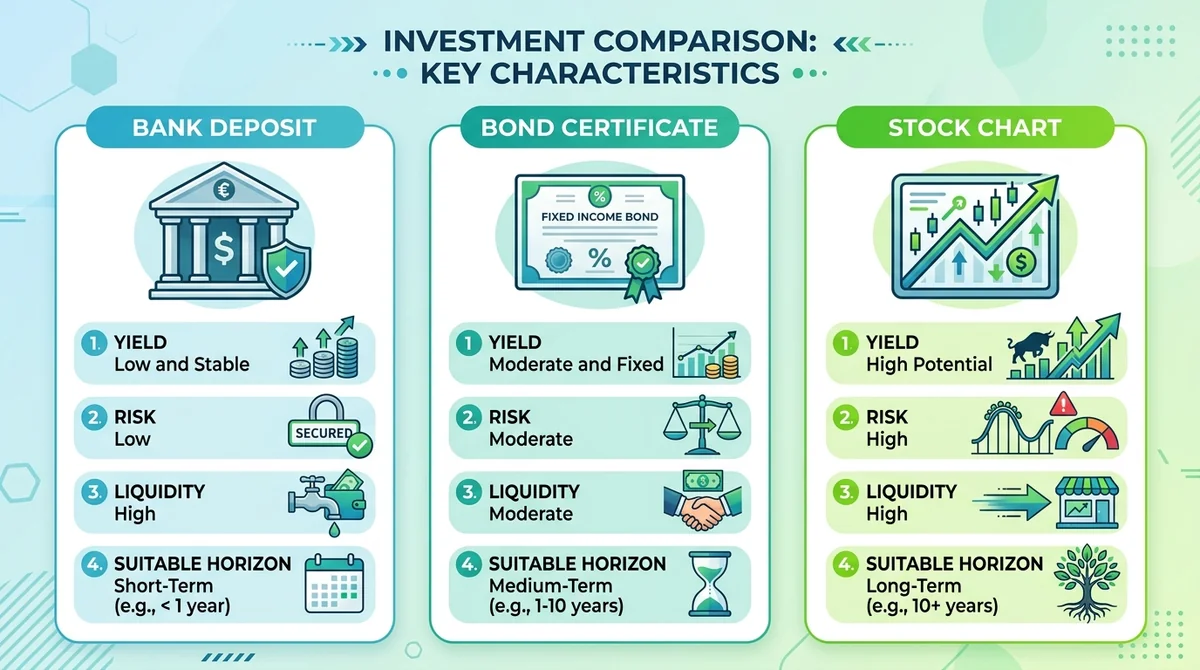 Wide 16:9 horizontal infographic, three columns with icons representing bank, bond certificate, and stock chart, each column