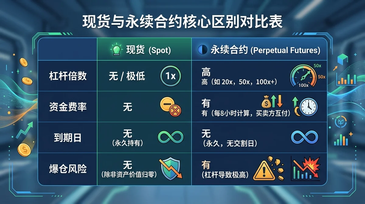 现货与永续合约核心区别对比表:对比杠杆倍数、资金费率、到期日、爆仓风险等维度