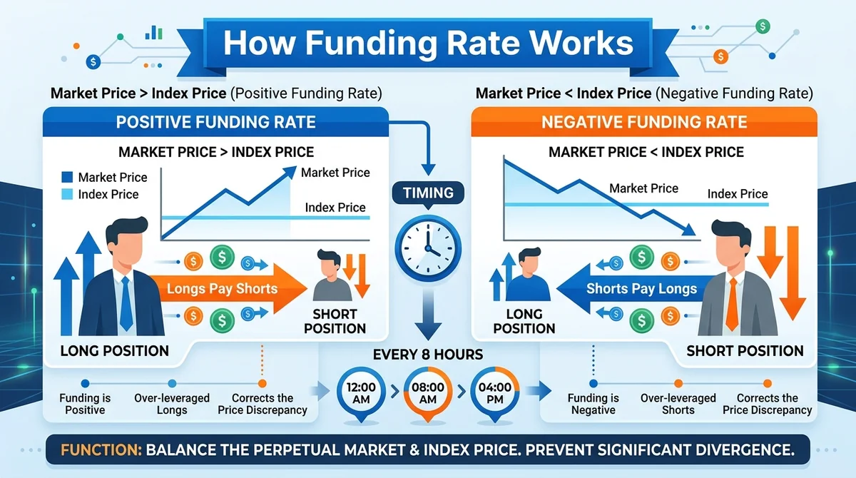 Wide 16:9 horizontal infographic showing funding rate flow between long and short positions, with arrows indicating payment d