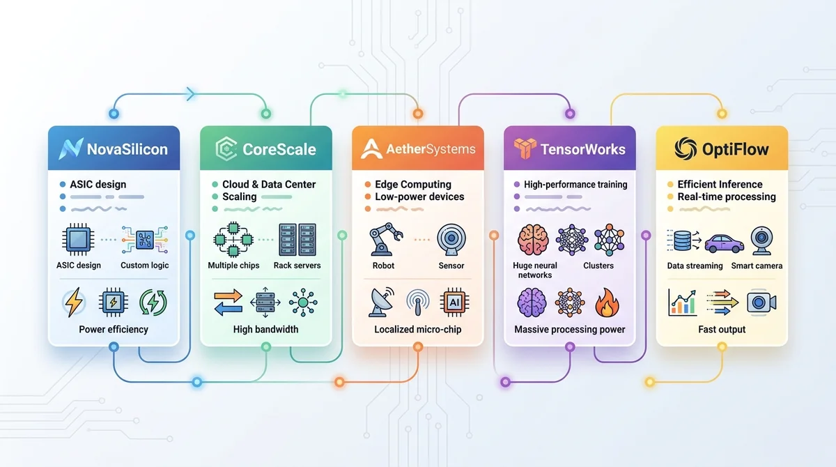 五家 AI 芯片公司在 AI 基础设施价值链中的角色对比图，使用图标和简短描述展示各自定位
