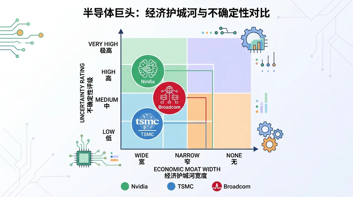 Nvidia、TSMC、Broadcom 的经济护城河宽度和不确定性评级对比图，使用矩阵或雷达图展示