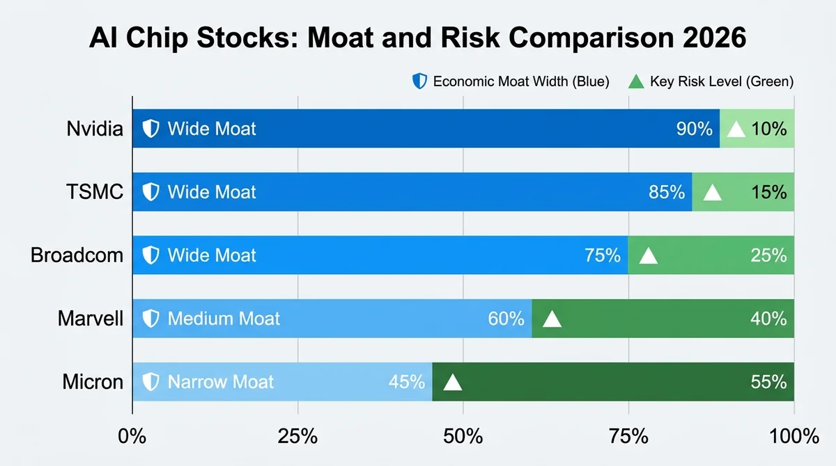 Wide 16:9 horizontal bar chart, comparing economic moat width and key risk level for five AI chip companies: Nvidia, TSMC, Br