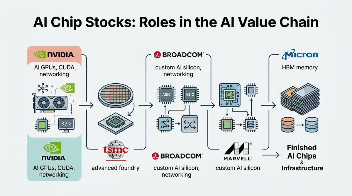 Wide 16:9 horizontal infographic, flow diagram showing AI infrastructure value chain with five key players: Nvidia (AI GPUs,