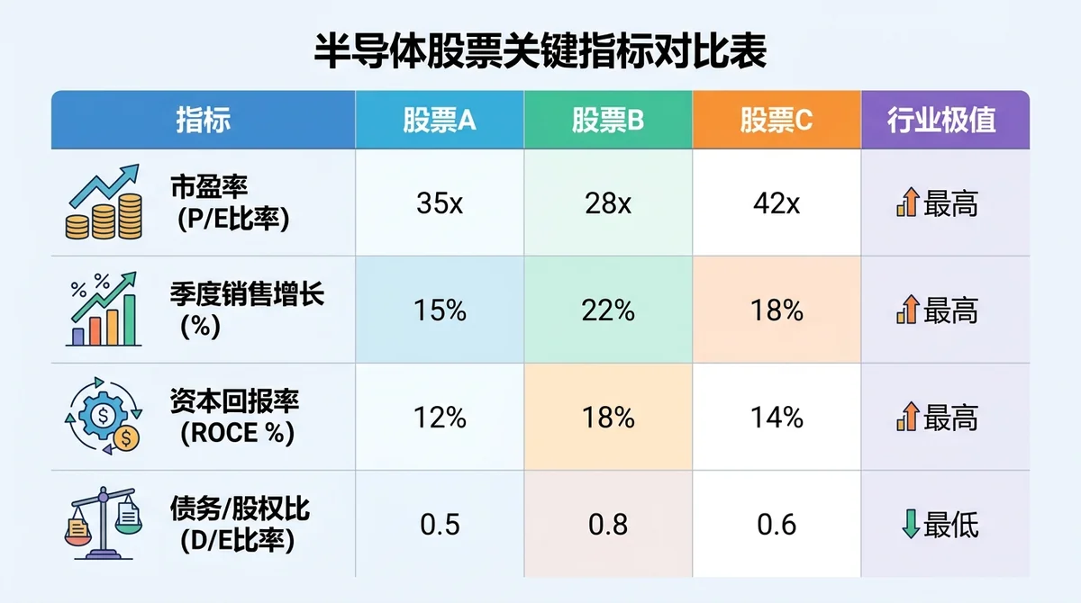 半导体股票关键指标对比表:P/E比率、季度销售增长、ROCE、债务/股权比,以表格形式展示极值
