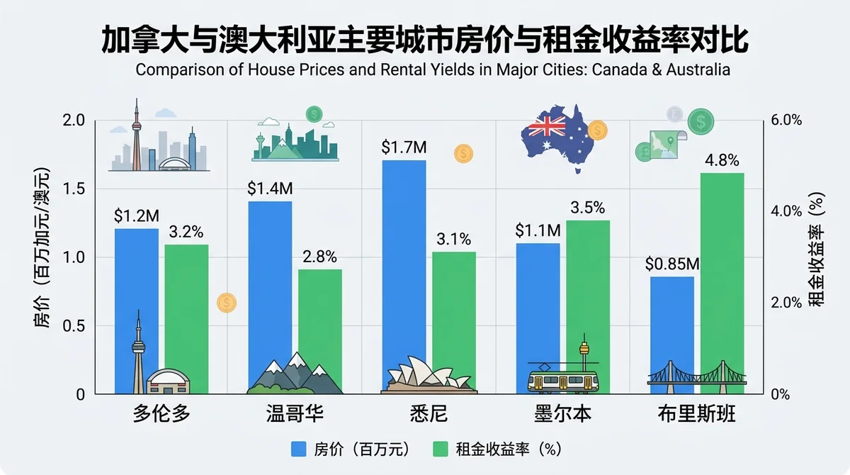 加拿大与澳大利亚主要城市房价与租金收益率对比柱状图,包括多伦多、温哥华、悉尼、墨尔本、布里斯班