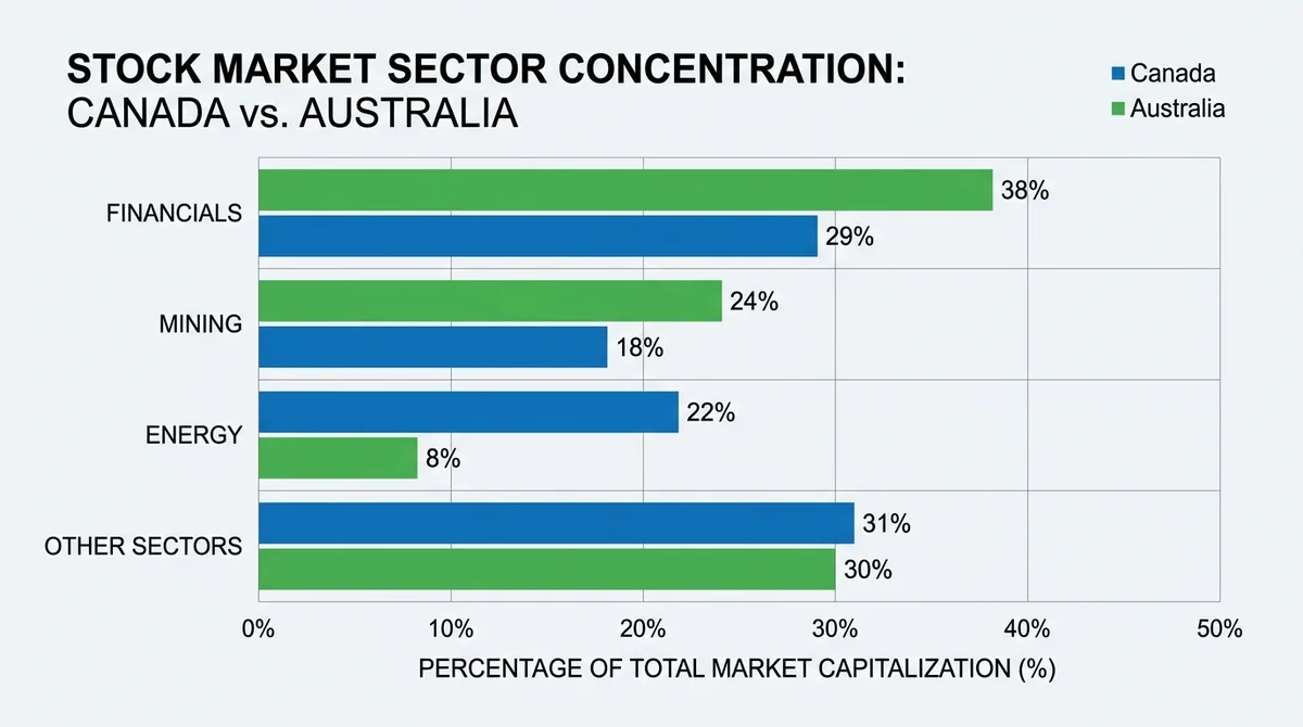 Wide 16:9 horizontal bar chart comparing stock market sector concentration in Canada and Australia, grouped bars for energy,