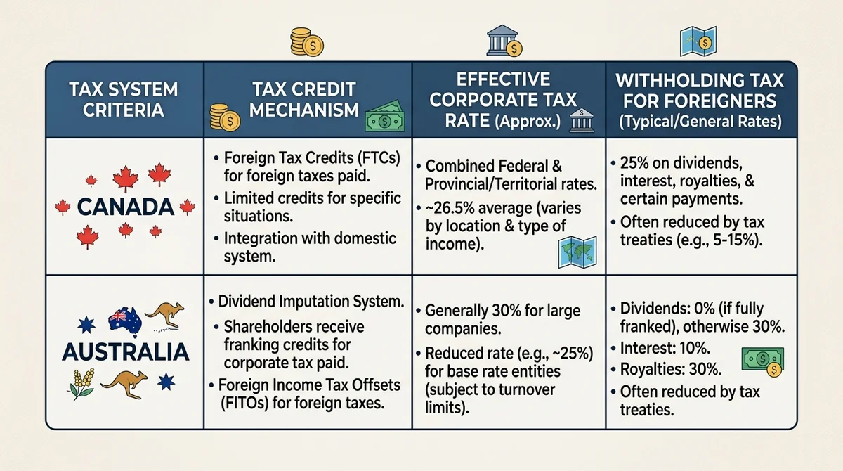 Wide 16:9 horizontal comparison table, rows for Canada and Australia, columns for tax credit mechanism, effective tax rate, w