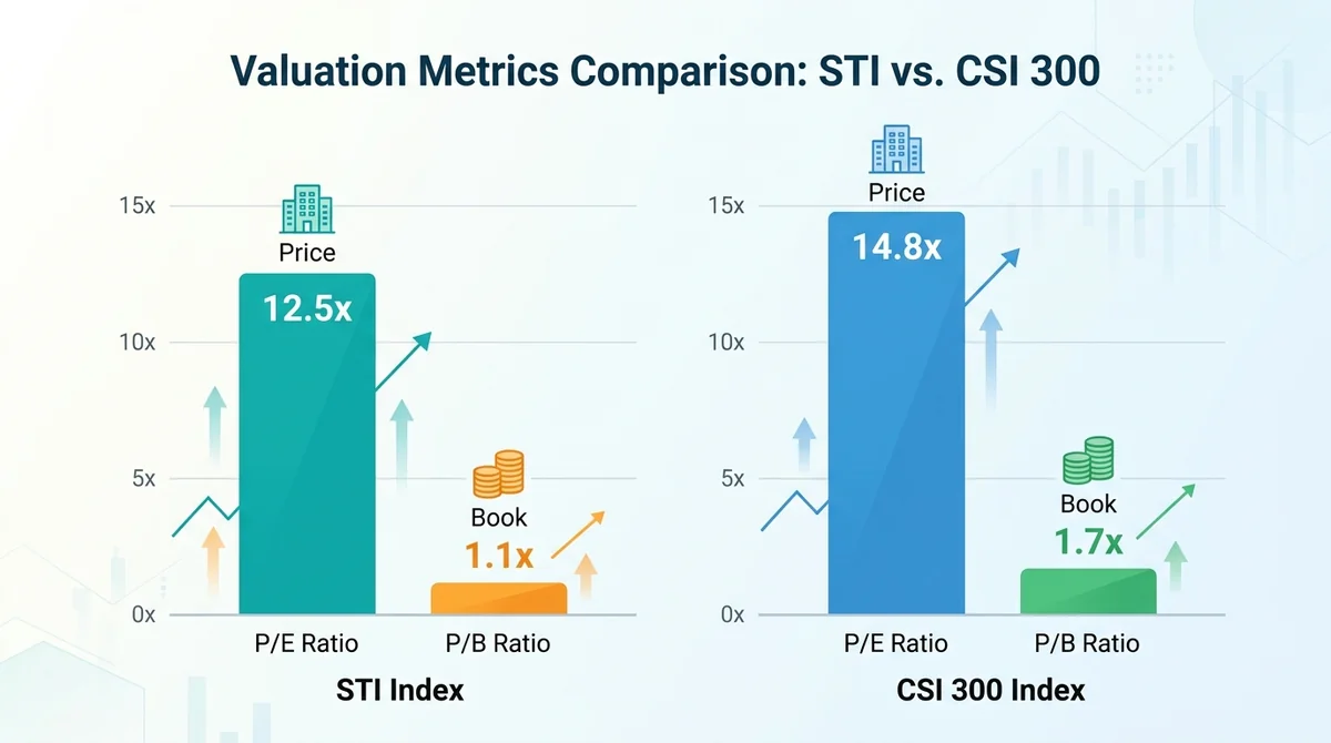 Bar chart comparing P/E and P/B ratios of STI and CSI 300 indices, with numerical labels.