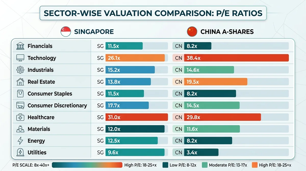 Sector-wise valuation comparison table or heatmap showing P/E ratios for major sectors in Singapore and China A-shares.