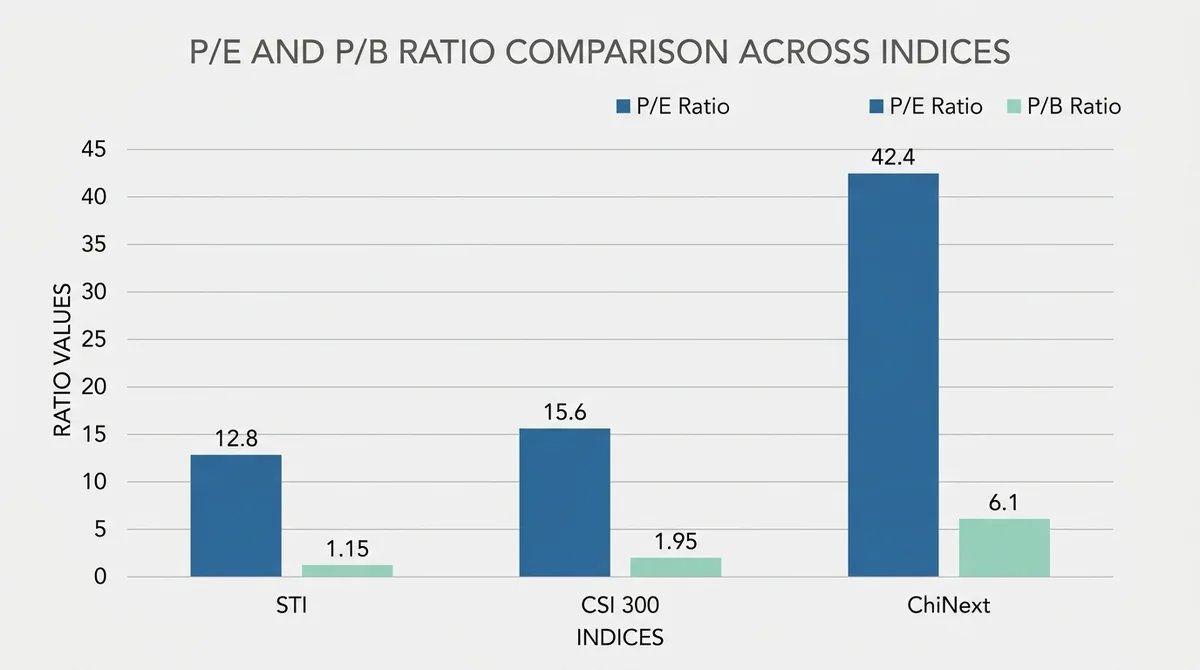 Wide 16:9 horizontal bar chart comparing P/E and P/B ratios of three indices: STI, CSI 300, and ChiNext. X-axis shows indices