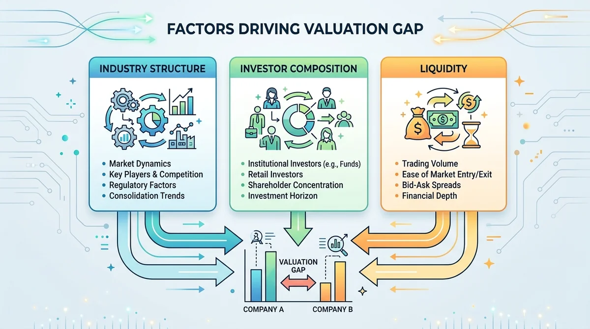 Wide 16:9 horizontal infographic with three columns: 'Industry Structure', 'Investor Composition', 'Liquidity'. Each column h