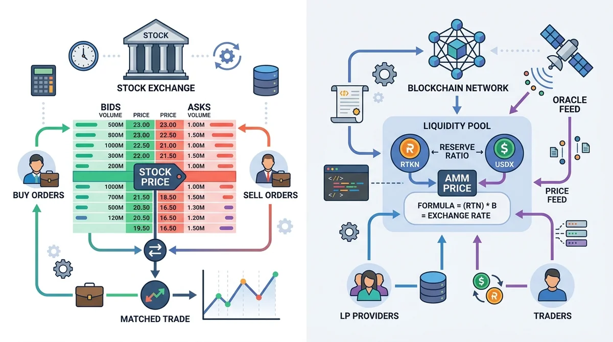 Side-by-side comparison of price formation mechanisms: real stock exchange order book vs RToken on-chain liquidity pool and o