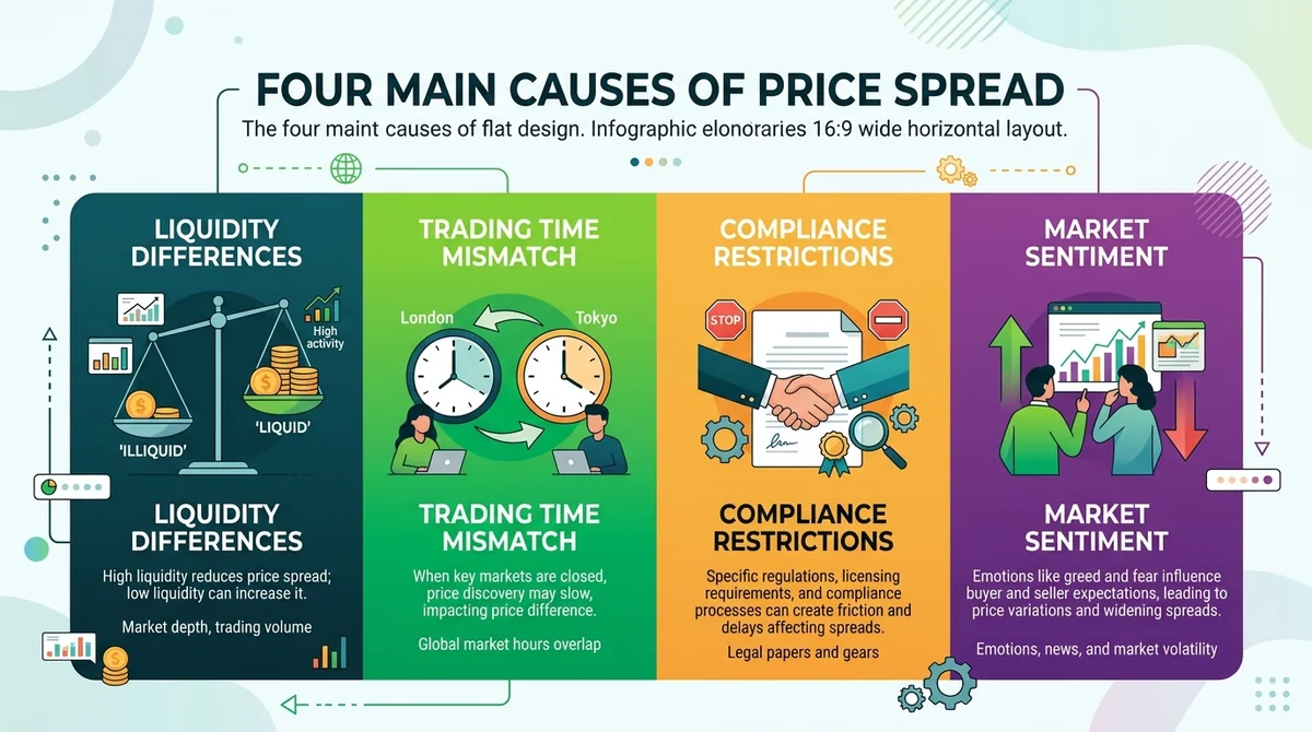 Infographic explaining the four main causes of price spread: liquidity differences, trading time mismatch, compliance restric