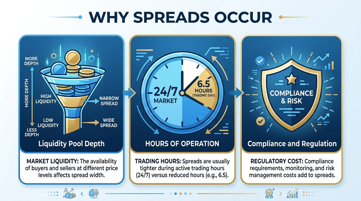 Wide 16:9 horizontal infographic, three vertical panels: liquidity pool depth icon, clock icon showing 24/7 vs 6.5 hours, com