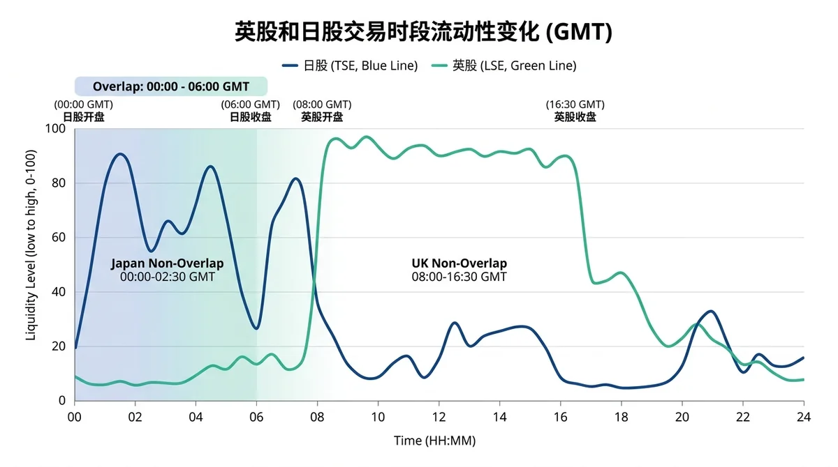 英股和日股交易时段重叠与非重叠流动性变化折线图,标注关键时段