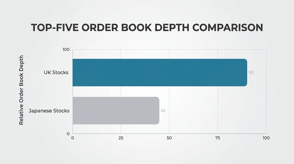 Horizontal bar chart, two bars labeled 'UK Stocks' and 'Japanese Stocks', UK bar about twice as long as Japan bar, y-axis lab