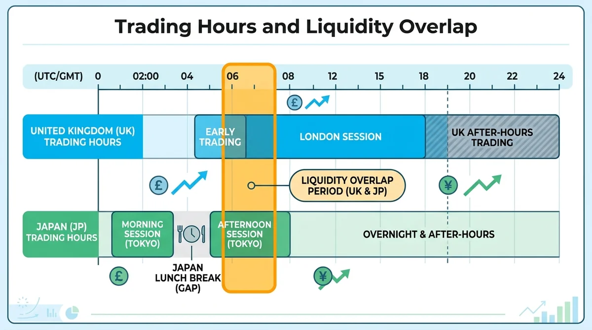 Horizontal timeline infographic, two rows: UK trading hours and Japanese trading hours, highlight the overlap period, mark Ja