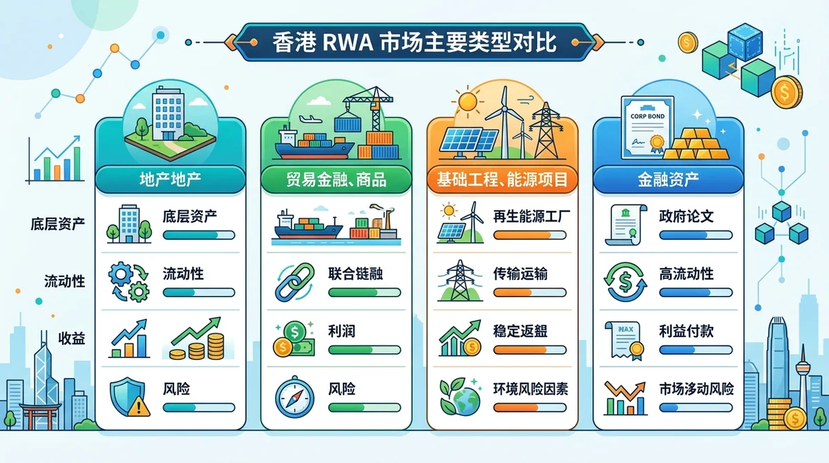 香港市场主要 RWA 现货类型对比表格,包含底层资产、流动性、收益、风险四个维度
