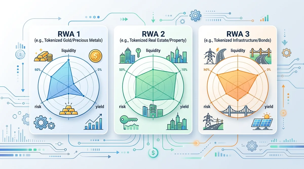 三种 RWA 现货在流动性、收益、风险三个维度的雷达图或柱状图对比