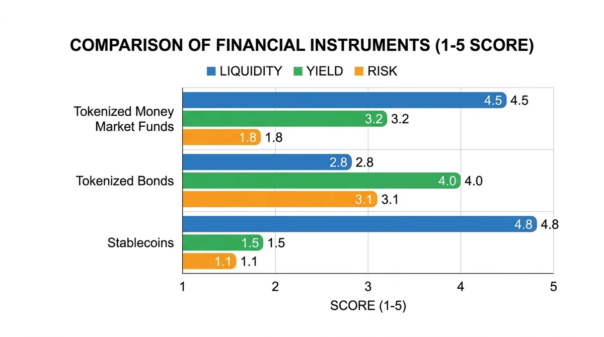 Wide 16:9 horizontal bar chart comparing liquidity, yield, and risk scores (1-5 scale) for tokenized money market funds, toke