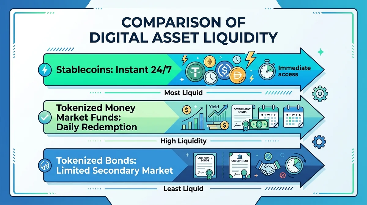 Wide 16:9 horizontal infographic with three horizontal arrows or bars representing liquidity, labels 'Stablecoins: Instant 24