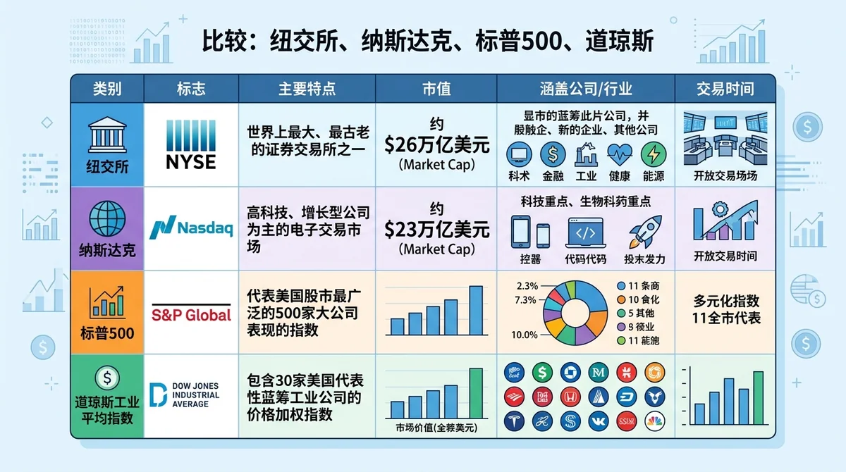纽交所、纳斯达克、标普500、道琼斯等主要交易所和指数的市值与特点对比表格
