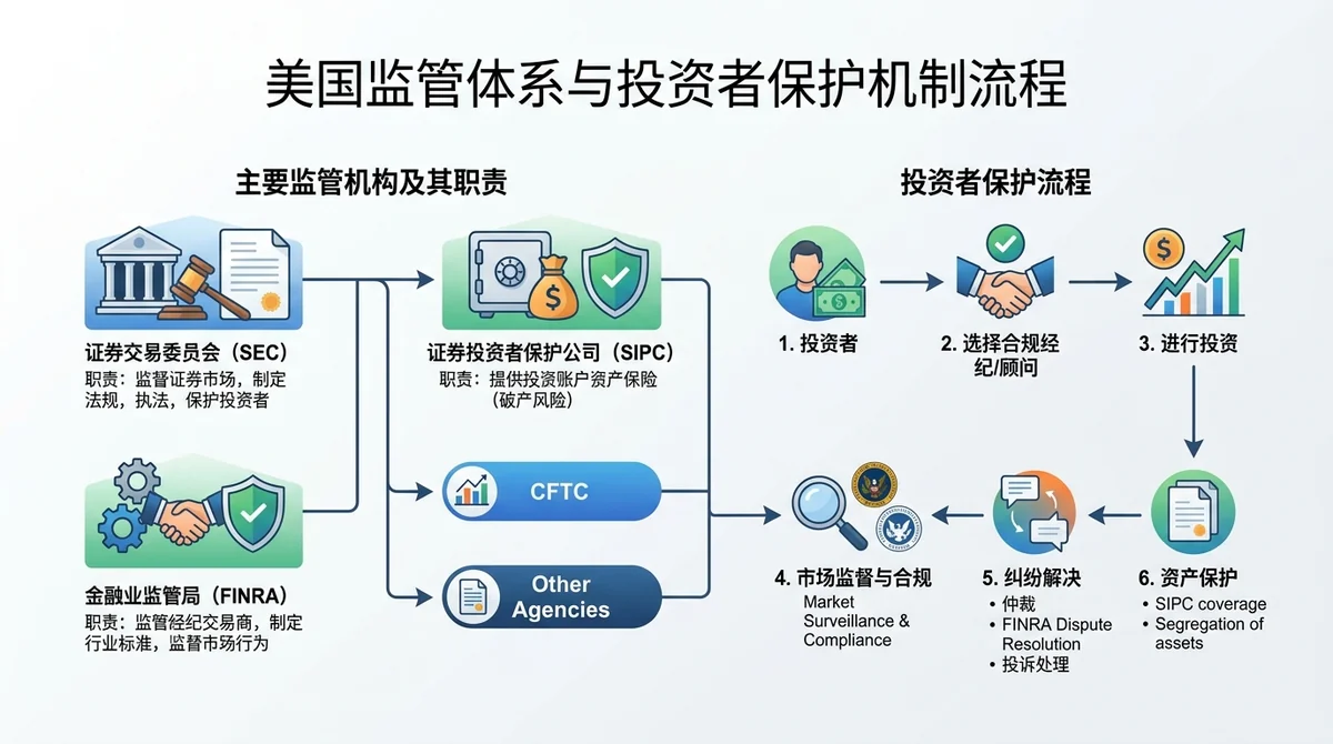 美国监管体系信息图:SEC、FINRA等机构职责,投资者保护机制流程