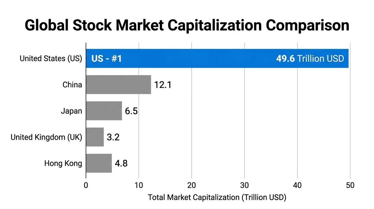 Horizontal bar chart, comparing total market capitalization of US stock market vs China, Japan, UK, Hong Kong in trillion USD