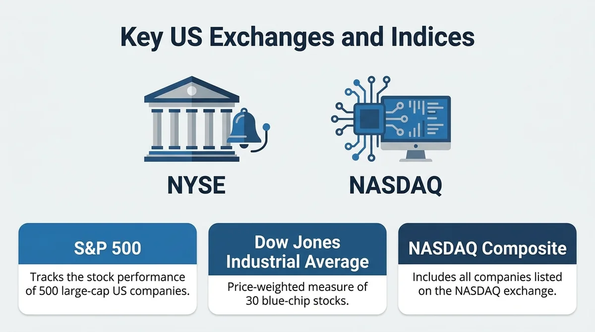 Infographic layout, top section with NYSE and NASDAQ icons side by side, bottom section with three index cards for S&P 500, D