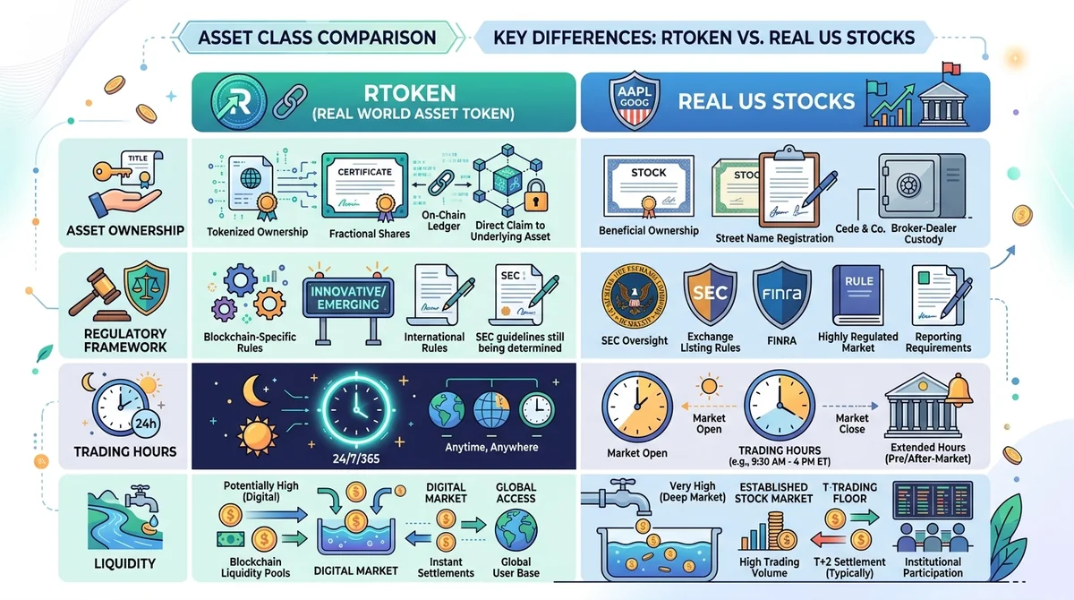 Table comparing key differences between RToken and real US stocks: asset ownership, regulatory framework, trading hours, liqu