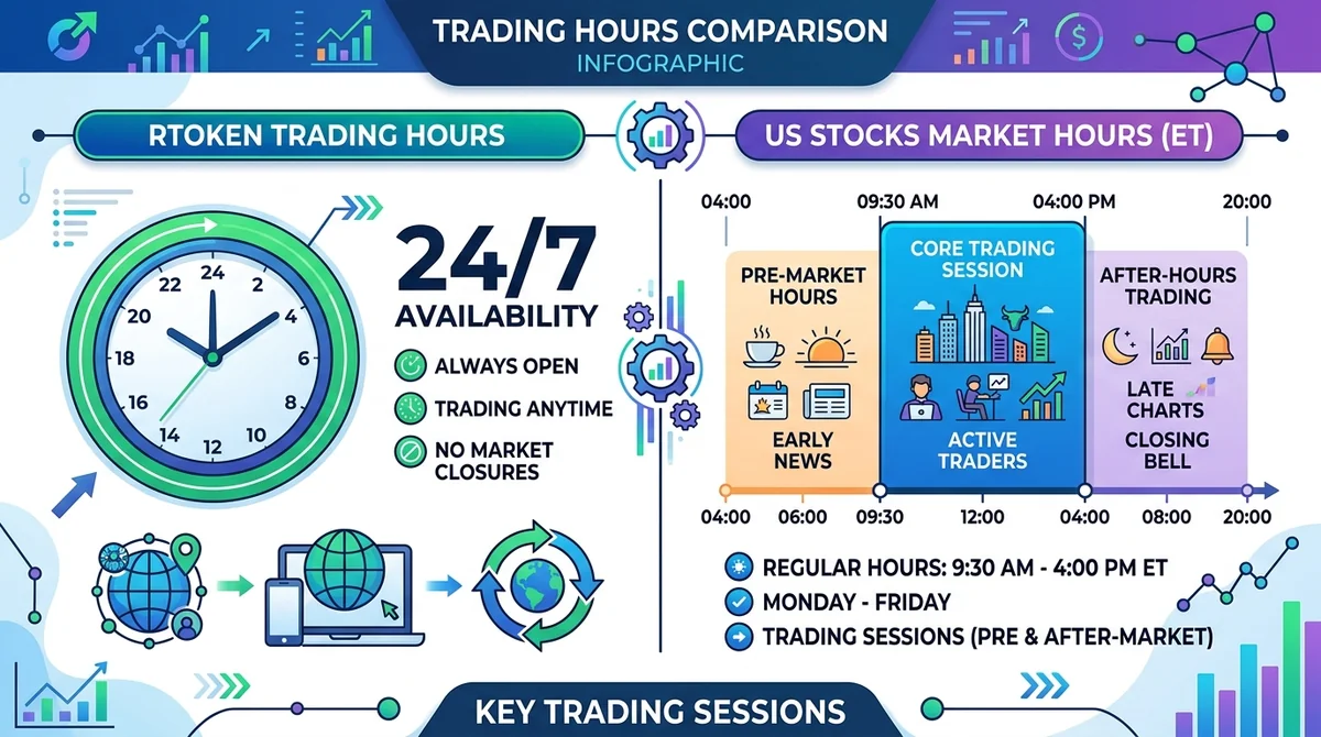 Infographic illustrating trading hours: RToken 24/7 vs real US stocks with specific market hours (9:30-16:00 ET) and pre/afte
