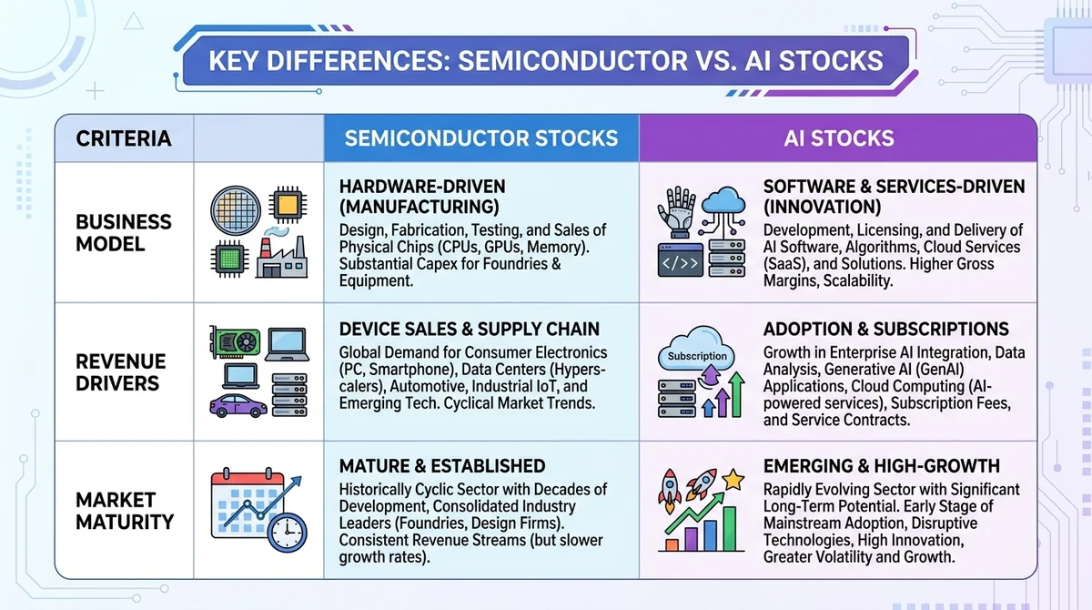 Comparison table or chart showing key differences between semiconductor and AI stocks: business model, revenue drivers, marke