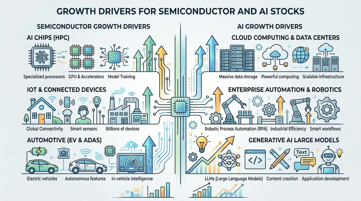 Infographic showing growth drivers for semiconductor and AI stocks. Left side: semiconductor growth drivers (AI chips, IoT, a