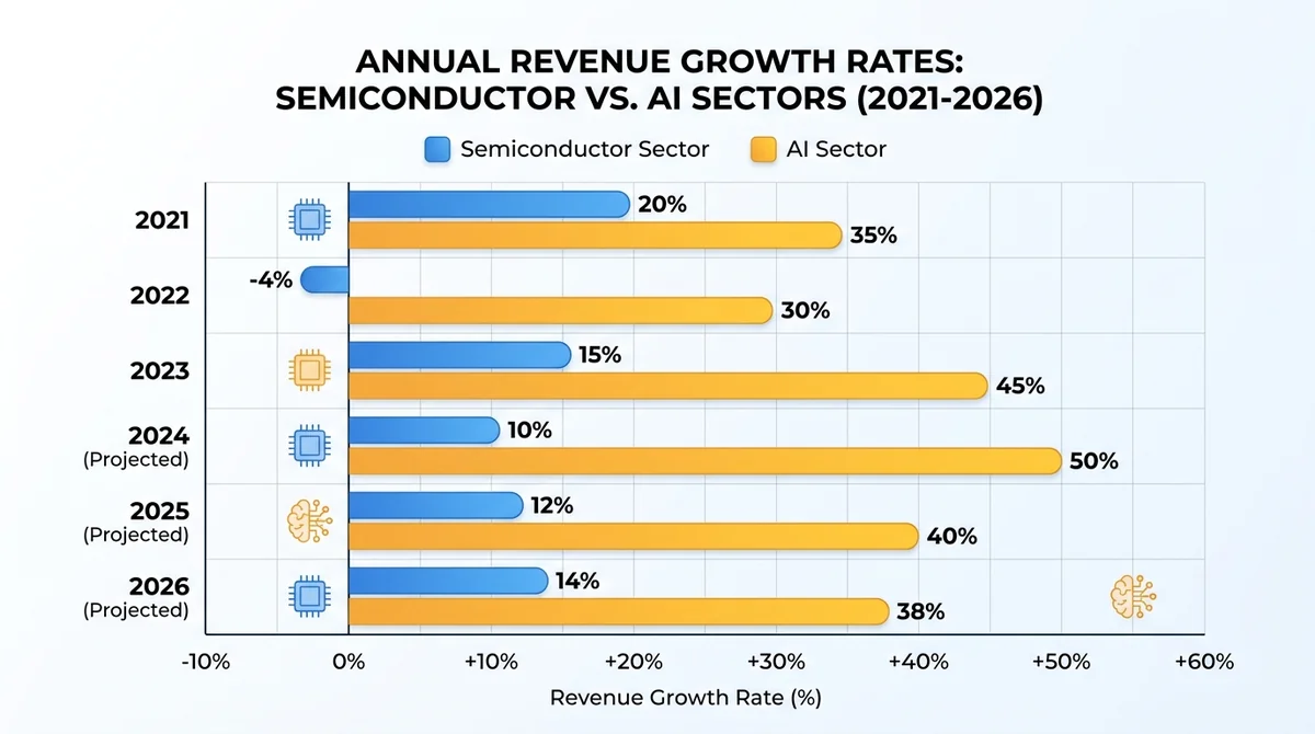 Horizontal bar chart comparing annual revenue growth rates of semiconductor and AI sectors from 2021 to 2026, clean data visu