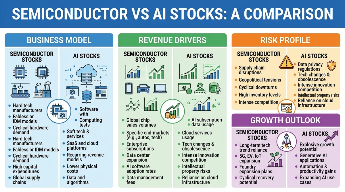 Square infographic with four quadrants: business model, revenue drivers, risk profile, growth outlook, comparing semiconducto