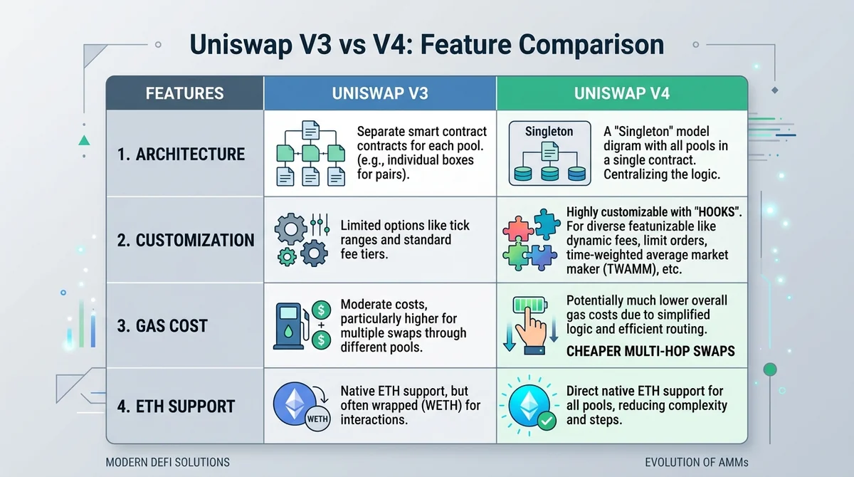 Comparison table of Uniswap V3 vs V4 across dimensions: architecture, customization, gas cost, ETH support
