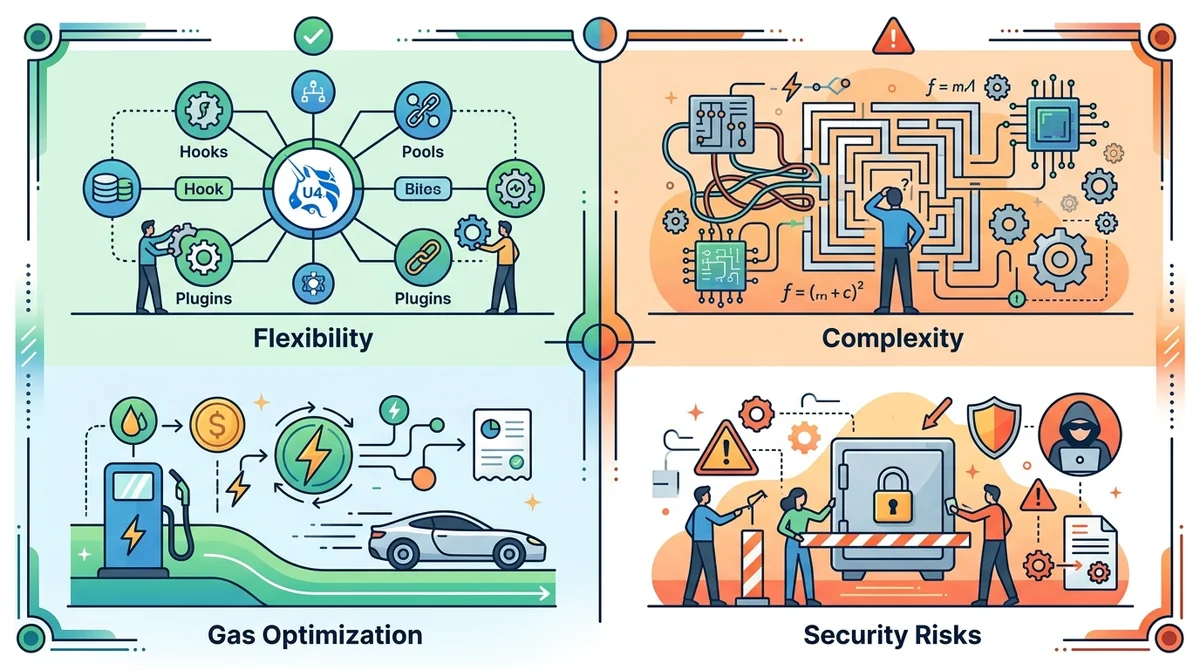Pros and cons infographic for Uniswap V4, split into two columns with icons for flexibility, gas optimization, complexity, se