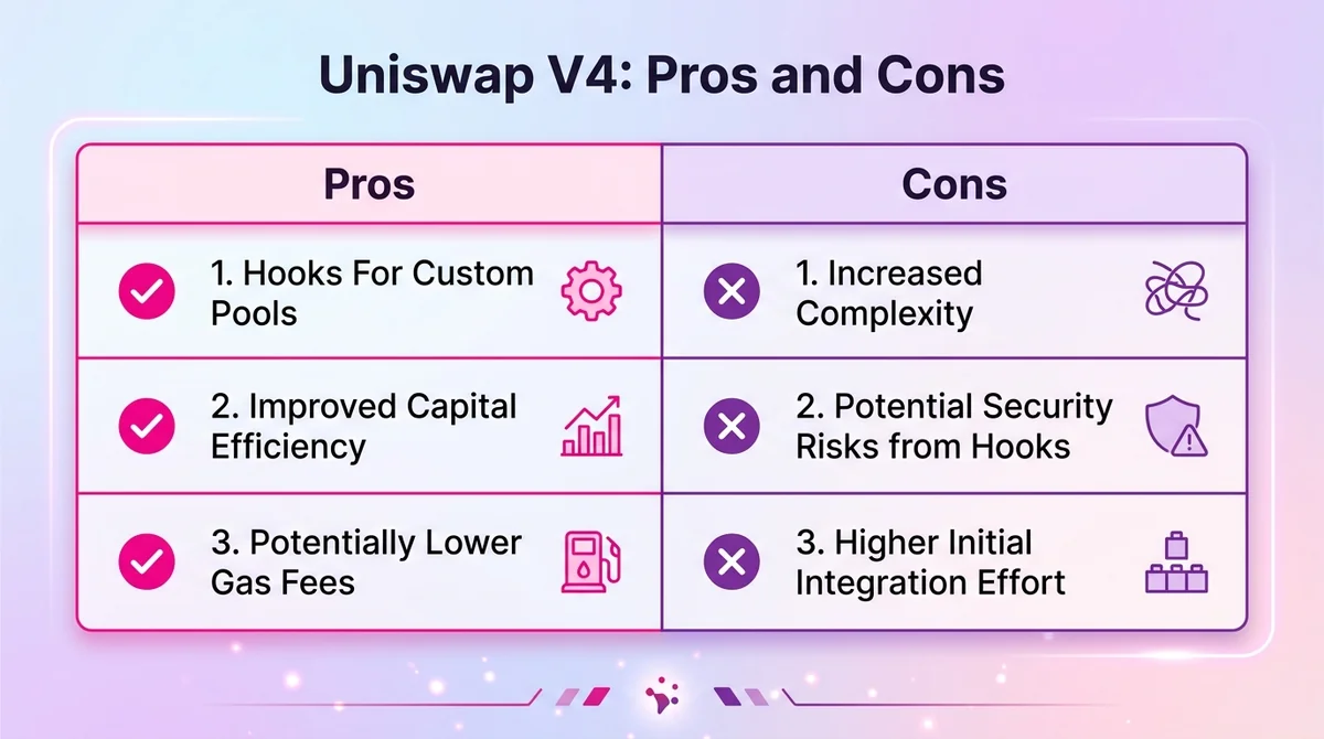 Wide 16:9 horizontal comparison table, two columns labeled 'Pros' and 'Cons', each with three bullet points and icons (checkm