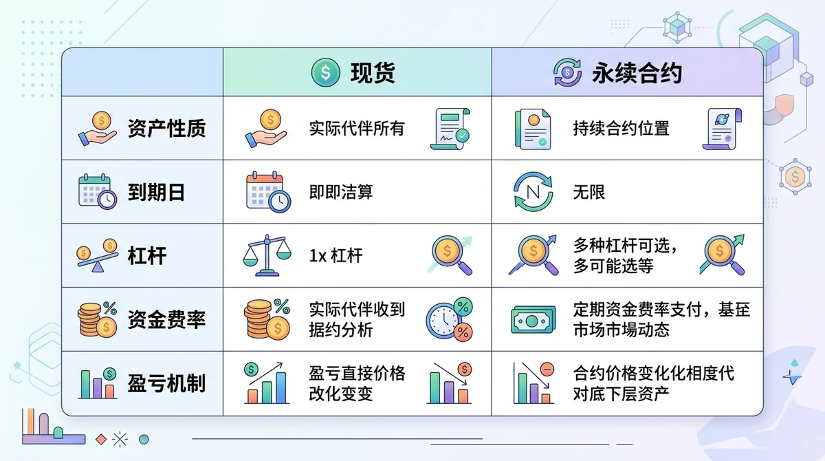 RToken 现货与永续合约核心区别对比表格:资产性质、到期日、杠杆、资金费率、盈亏机制等维度