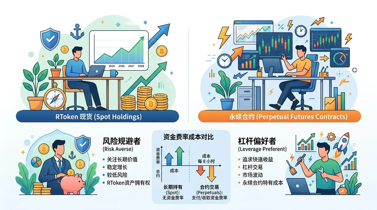 适合持有 RToken 现货 vs 适合交易永续合约的用户画像信息图:长期持有者、风险规避者 vs 短期交易者、杠杆偏好者,附资金费率成本对比