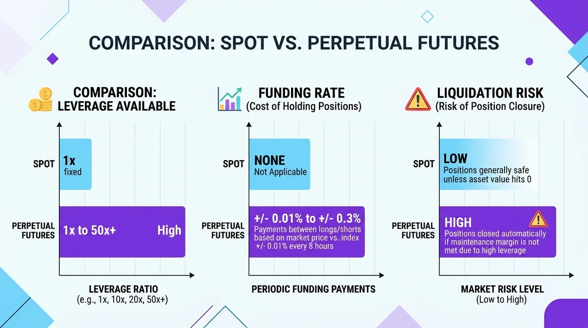 Horizontal bar chart infographic, comparing spot and perpetual futures across three metrics: leverage, funding rate, liquidat