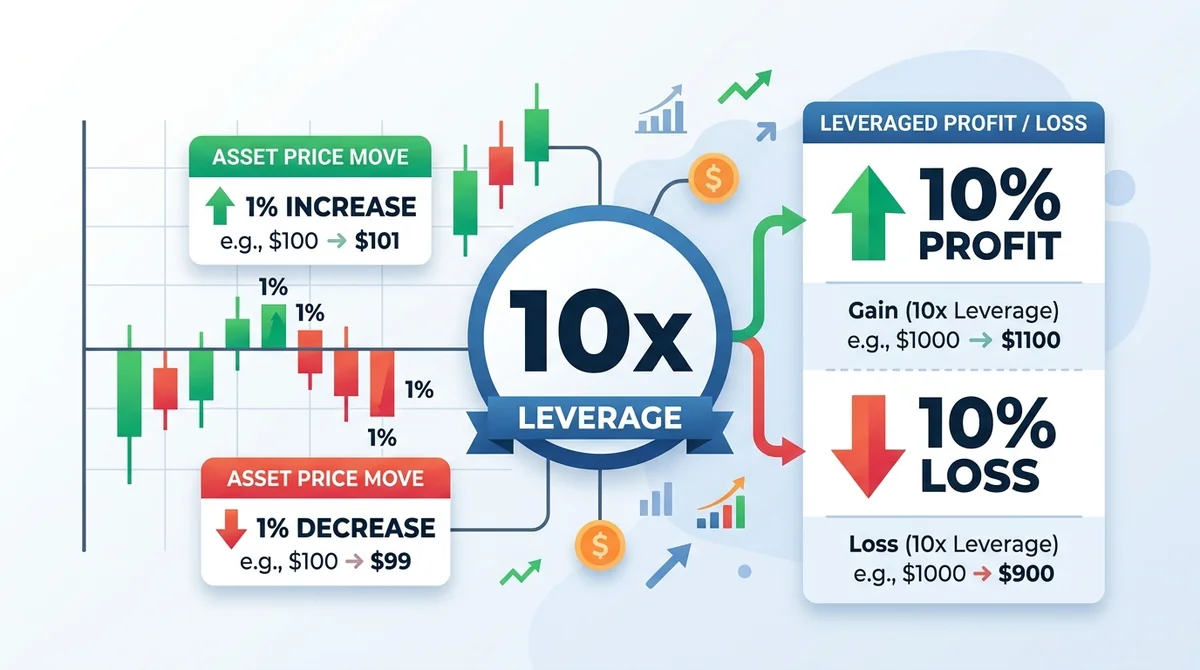 Wide 16:9 infographic, center a large '10x' symbol, left side showing 1% price move, right side showing 10% profit/loss with