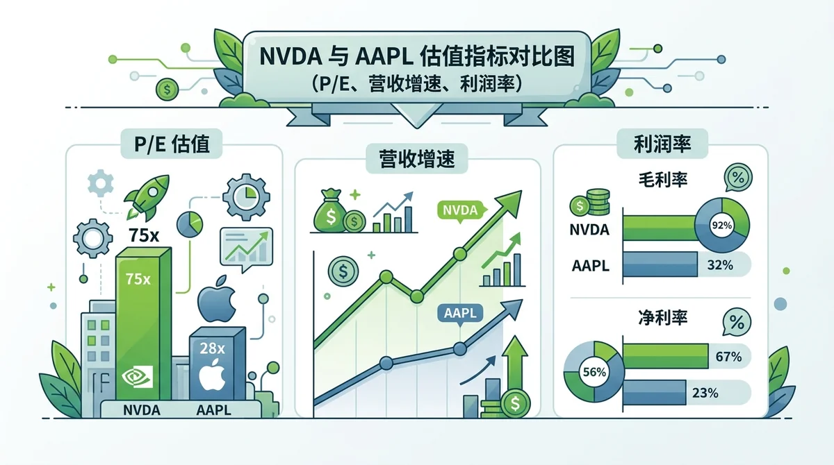 NVDA 与 AAPL 估值指标对比图(P/E、营收增速、利润率)