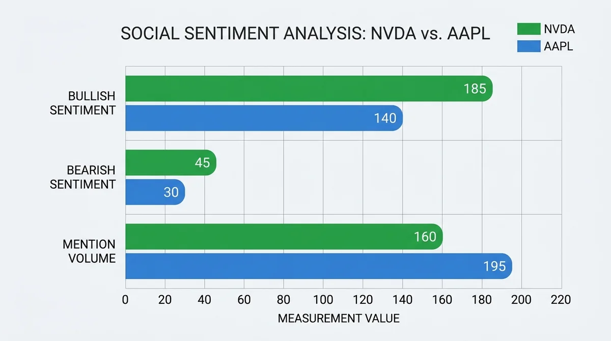 Wide 16:9 horizontal bar chart, grouped bars for NVDA and AAPL, categories: bullish sentiment, bearish sentiment, mention vol